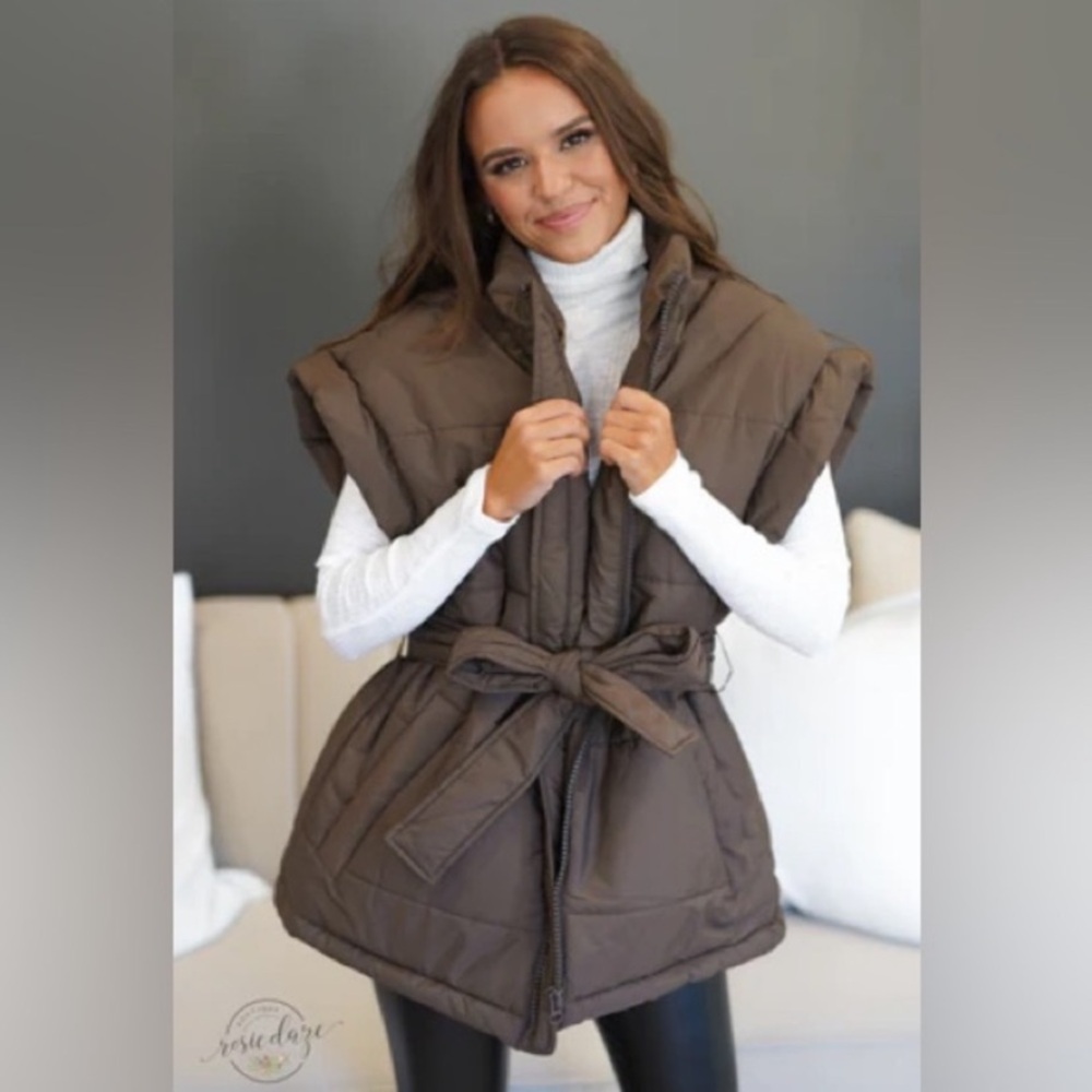 Quilted Belted Puffer Vest in Brown